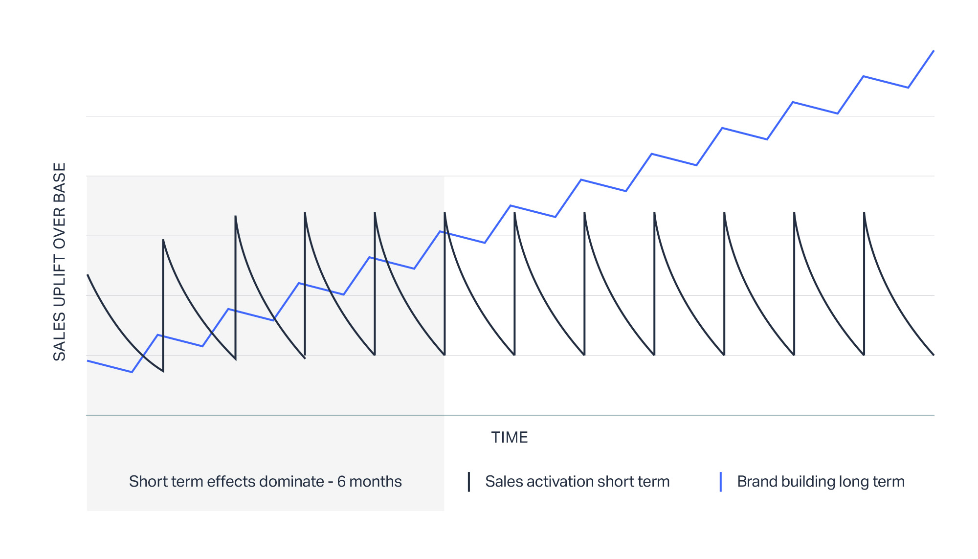 A graph illustrating brand building vs paid advertising